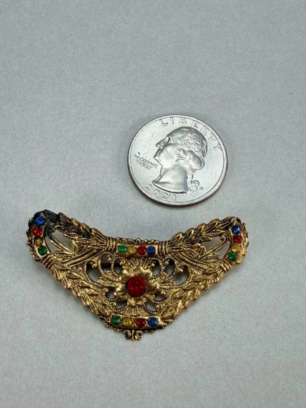 Vintage Gold Tone Filigree Multicolor Rhinestone Brooch Victorian Revival Pin